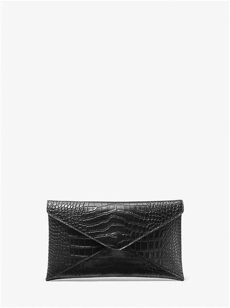 michael kors envelope clutch pinl|Mia Crocodile Embossed Leather Envelope Clutch .